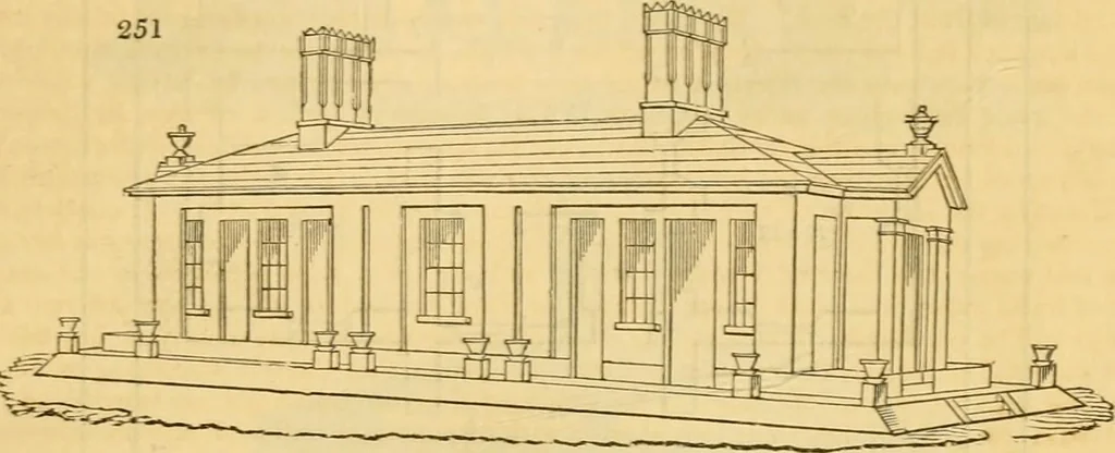 An illustration from An encyclopædia of cottage, farm, and villa architecture and furniture : containing numerous designs for dwellings from the cottage to the villa including farm houses, farmeries, and other agricultural buildings, several designs for country inns, public houses, and parochial schools, with the requisite fittings-up fixtures and furniture ; and appropriate offices, gardens and garden scenery ; each design accompanied by analytical and critical marks illustrative of the principles of archtiectural science and taste on whihc it is composed, 1836, leaf 160