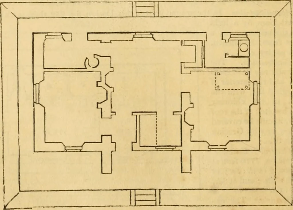 An illustration from An encyclopædia of cottage, farm, and villa architecture and furniture : containing numerous designs for dwellings from the cottage to the villa including farm houses, farmeries, and other agricultural buildings, several designs for country inns, public houses, and parochial schools, with the requisite fittings-up fixtures and furniture ; and appropriate offices, gardens and garden scenery ; each design accompanied by analytical and critical marks illustrative of the principles of archtiectural science and taste on whihc it is composed, 1836, leaf 161