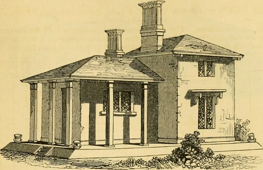 An illustration from An encyclopædia of cottage, farm, and villa architecture and furniture : containing numerous designs for dwellings from the cottage to the villa including farm houses, farmeries, and other agricultural buildings, several designs for country inns, public houses, and parochial schools, with the requisite fittings-up fixtures and furniture ; and appropriate offices, gardens and garden scenery ; each design accompanied by analytical and critical marks illustrative of the principles of archtiectural science and taste on whihc it is composed, 1836, leaf 162