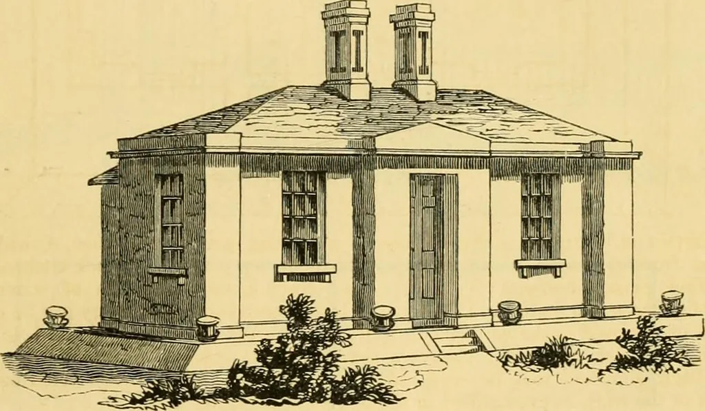 An illustration from An encyclopædia of cottage, farm, and villa architecture and furniture : containing numerous designs for dwellings from the cottage to the villa including farm houses, farmeries, and other agricultural buildings, several designs for country inns, public houses, and parochial schools, with the requisite fittings-up fixtures and furniture ; and appropriate offices, gardens and garden scenery ; each design accompanied by analytical and critical marks illustrative of the principles of archtiectural science and taste on whihc it is composed, 1836, leaf 162