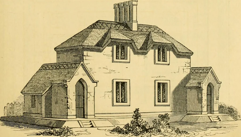 An illustration from An encyclopædia of cottage, farm, and villa architecture and furniture : containing numerous designs for dwellings from the cottage to the villa including farm houses, farmeries, and other agricultural buildings, several designs for country inns, public houses, and parochial schools, with the requisite fittings-up fixtures and furniture ; and appropriate offices, gardens and garden scenery ; each design accompanied by analytical and critical marks illustrative of the principles of archtiectural science and taste on whihc it is composed, 1836, leaf 162