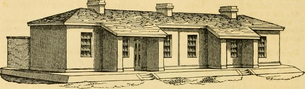An illustration from An encyclopædia of cottage, farm, and villa architecture and furniture : containing numerous designs for dwellings from the cottage to the villa including farm houses, farmeries, and other agricultural buildings, several designs for country inns, public houses, and parochial schools, with the requisite fittings-up fixtures and furniture ; and appropriate offices, gardens and garden scenery ; each design accompanied by analytical and critical marks illustrative of the principles of archtiectural science and taste on whihc it is composed, 1836, leaf 163