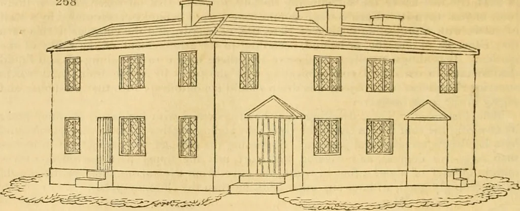 An illustration from An encyclopædia of cottage, farm, and villa architecture and furniture : containing numerous designs for dwellings from the cottage to the villa including farm houses, farmeries, and other agricultural buildings, several designs for country inns, public houses, and parochial schools, with the requisite fittings-up fixtures and furniture ; and appropriate offices, gardens and garden scenery ; each design accompanied by analytical and critical marks illustrative of the principles of archtiectural science and taste on whihc it is composed, 1836, leaf 171