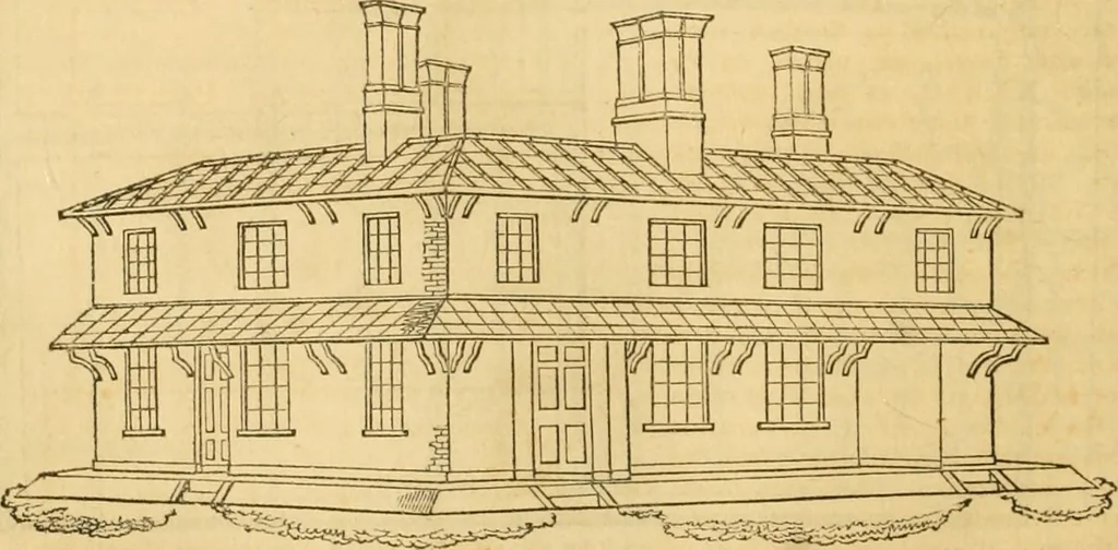 An illustration from An encyclopædia of cottage, farm, and villa architecture and furniture : containing numerous designs for dwellings from the cottage to the villa including farm houses, farmeries, and other agricultural buildings, several designs for country inns, public houses, and parochial schools, with the requisite fittings-up fixtures and furniture ; and appropriate offices, gardens and garden scenery ; each design accompanied by analytical and critical marks illustrative of the principles of archtiectural science and taste on whihc it is composed, 1836, leaf 179