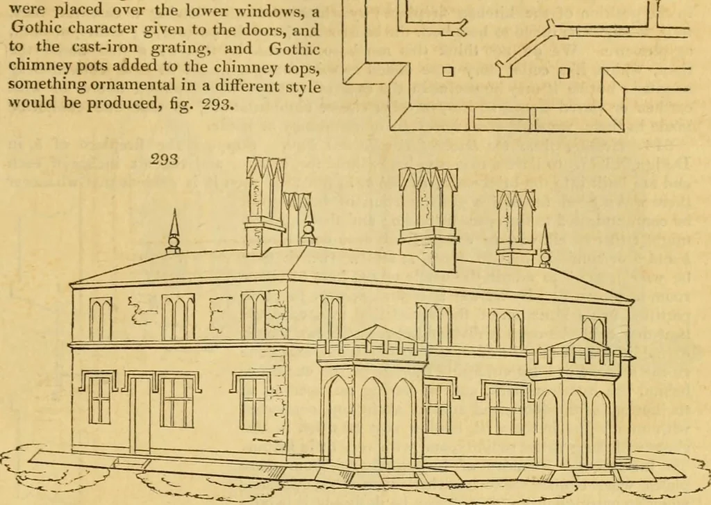 An illustration from An encyclopædia of cottage, farm, and villa architecture and furniture : containing numerous designs for dwellings from the cottage to the villa including farm houses, farmeries, and other agricultural buildings, several designs for country inns, public houses, and parochial schools, with the requisite fittings-up fixtures and furniture ; and appropriate offices, gardens and garden scenery ; each design accompanied by analytical and critical marks illustrative of the principles of archtiectural science and taste on whihc it is composed, 1836, leaf 180