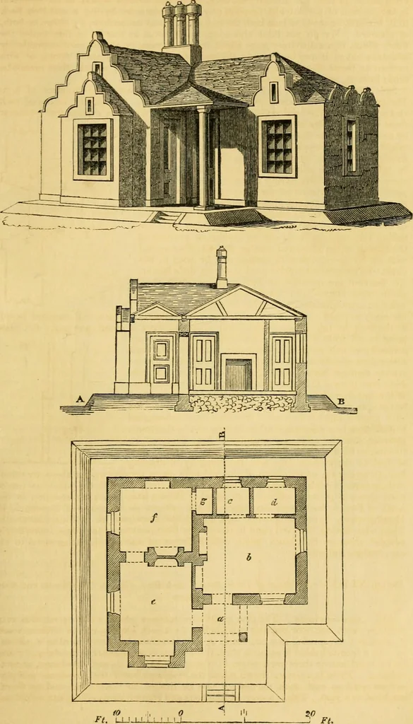 An illustration from An encyclopædia of cottage, farm, and villa architecture and furniture : containing numerous designs for dwellings from the cottage to the villa including farm houses, farmeries, and other agricultural buildings, several designs for country inns, public houses, and parochial schools, with the requisite fittings-up fixtures and furniture ; and appropriate offices, gardens and garden scenery ; each design accompanied by analytical and critical marks illustrative of the principles of archtiectural science and taste on whihc it is composed, 1836, leaf 182