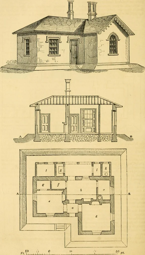 An illustration from An encyclopædia of cottage, farm, and villa architecture and furniture : containing numerous designs for dwellings from the cottage to the villa including farm houses, farmeries, and other agricultural buildings, several designs for country inns, public houses, and parochial schools, with the requisite fittings-up fixtures and furniture ; and appropriate offices, gardens and garden scenery ; each design accompanied by analytical and critical marks illustrative of the principles of archtiectural science and taste on whihc it is composed, 1836, leaf 183