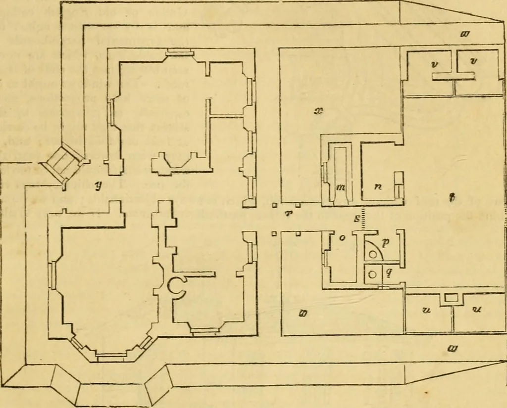 An illustration from An encyclopædia of cottage, farm, and villa architecture and furniture : containing numerous designs for dwellings from the cottage to the villa including farm houses, farmeries, and other agricultural buildings, several designs for country inns, public houses, and parochial schools, with the requisite fittings-up fixtures and furniture ; and appropriate offices, gardens and garden scenery ; each design accompanied by analytical and critical marks illustrative of the principles of archtiectural science and taste on whihc it is composed, 1836, leaf 184