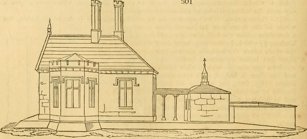 An illustration from An encyclopædia of cottage, farm, and villa architecture and furniture : containing numerous designs for dwellings from the cottage to the villa including farm houses, farmeries, and other agricultural buildings, several designs for country inns, public houses, and parochial schools, with the requisite fittings-up fixtures and furniture ; and appropriate offices, gardens and garden scenery ; each design accompanied by analytical and critical marks illustrative of the principles of archtiectural science and taste on whihc it is composed, 1836, leaf 185