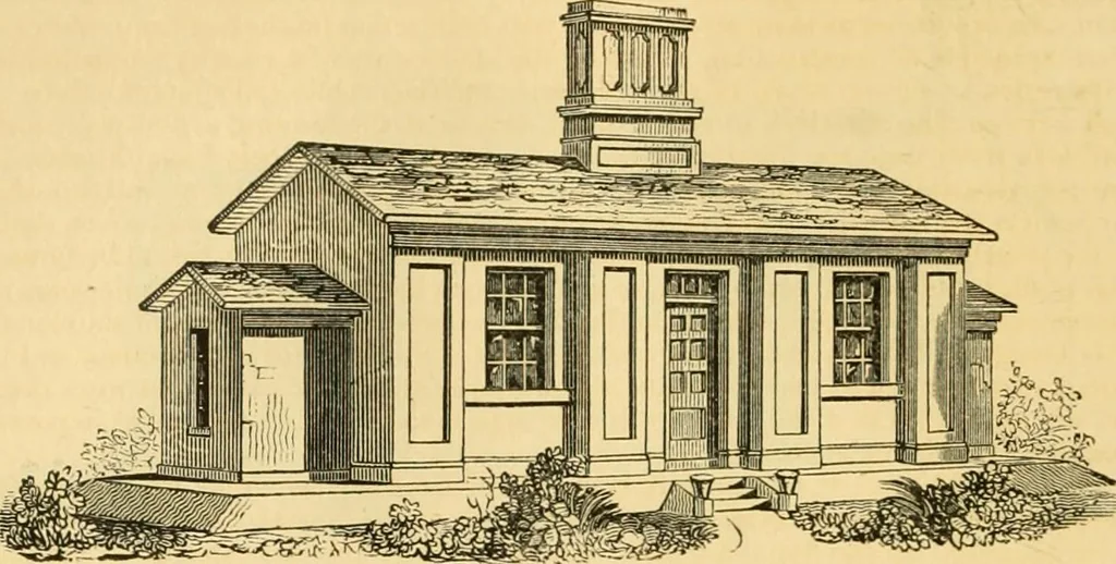 An illustration from An encyclopædia of cottage, farm, and villa architecture and furniture : containing numerous designs for dwellings from the cottage to the villa including farm houses, farmeries, and other agricultural buildings, several designs for country inns, public houses, and parochial schools, with the requisite fittings-up fixtures and furniture ; and appropriate offices, gardens and garden scenery ; each design accompanied by analytical and critical marks illustrative of the principles of archtiectural science and taste on whihc it is composed, 1836, leaf 189
