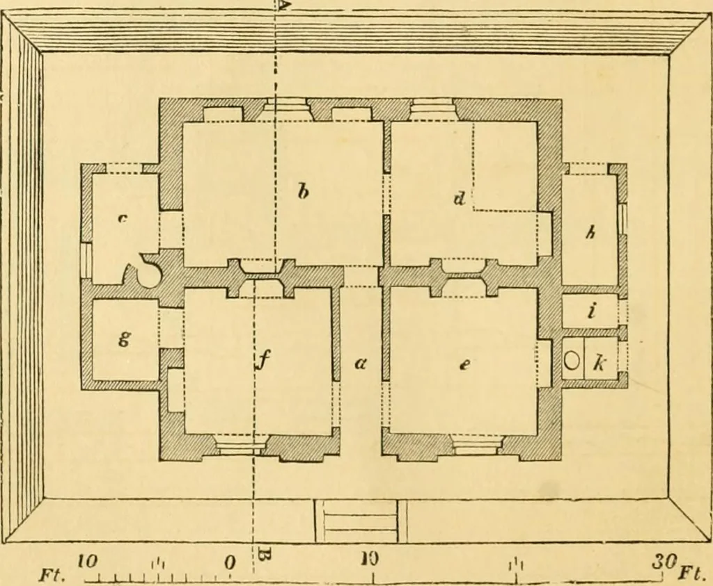 An illustration from An encyclopædia of cottage, farm, and villa architecture and furniture : containing numerous designs for dwellings from the cottage to the villa including farm houses, farmeries, and other agricultural buildings, several designs for country inns, public houses, and parochial schools, with the requisite fittings-up fixtures and furniture ; and appropriate offices, gardens and garden scenery ; each design accompanied by analytical and critical marks illustrative of the principles of archtiectural science and taste on whihc it is composed, 1836, leaf 189