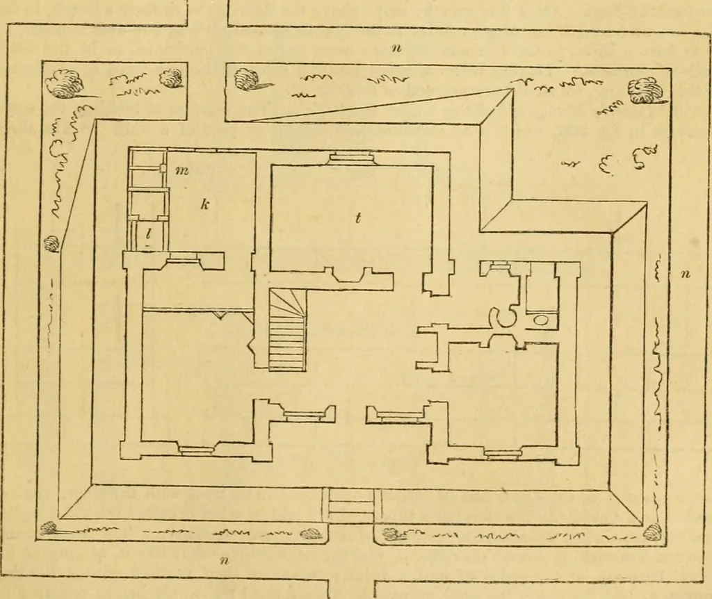 An illustration from An encyclopædia of cottage, farm, and villa architecture and furniture : containing numerous designs for dwellings from the cottage to the villa including farm houses, farmeries, and other agricultural buildings, several designs for country inns, public houses, and parochial schools, with the requisite fittings-up fixtures and furniture ; and appropriate offices, gardens and garden scenery ; each design accompanied by analytical and critical marks illustrative of the principles of archtiectural science and taste on whihc it is composed, 1836, leaf 190