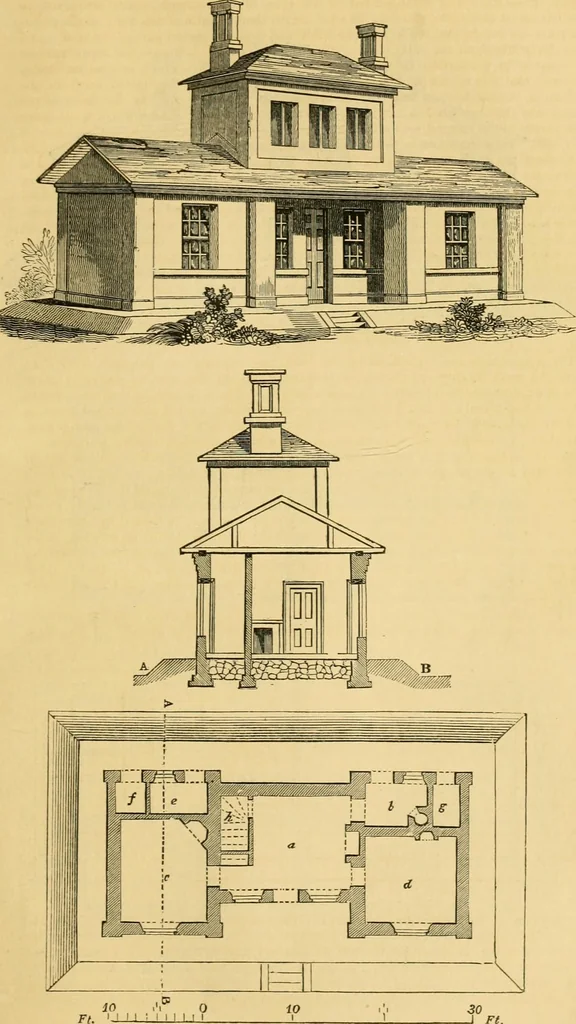 An illustration from An encyclopædia of cottage, farm, and villa architecture and furniture : containing numerous designs for dwellings from the cottage to the villa including farm houses, farmeries, and other agricultural buildings, several designs for country inns, public houses, and parochial schools, with the requisite fittings-up fixtures and furniture ; and appropriate offices, gardens and garden scenery ; each design accompanied by analytical and critical marks illustrative of the principles of archtiectural science and taste on whihc it is composed, 1836, leaf 192