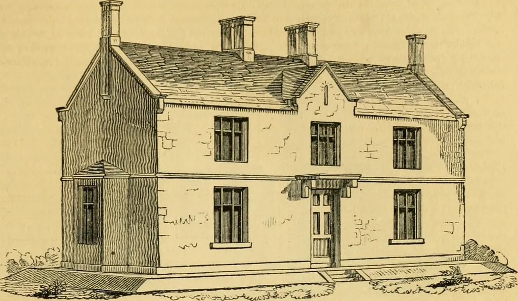 An illustration from An encyclopædia of cottage, farm, and villa architecture and furniture : containing numerous designs for dwellings from the cottage to the villa including farm houses, farmeries, and other agricultural buildings, several designs for country inns, public houses, and parochial schools, with the requisite fittings-up fixtures and furniture ; and appropriate offices, gardens and garden scenery ; each design accompanied by analytical and critical marks illustrative of the principles of archtiectural science and taste on whihc it is composed, 1836, leaf 196