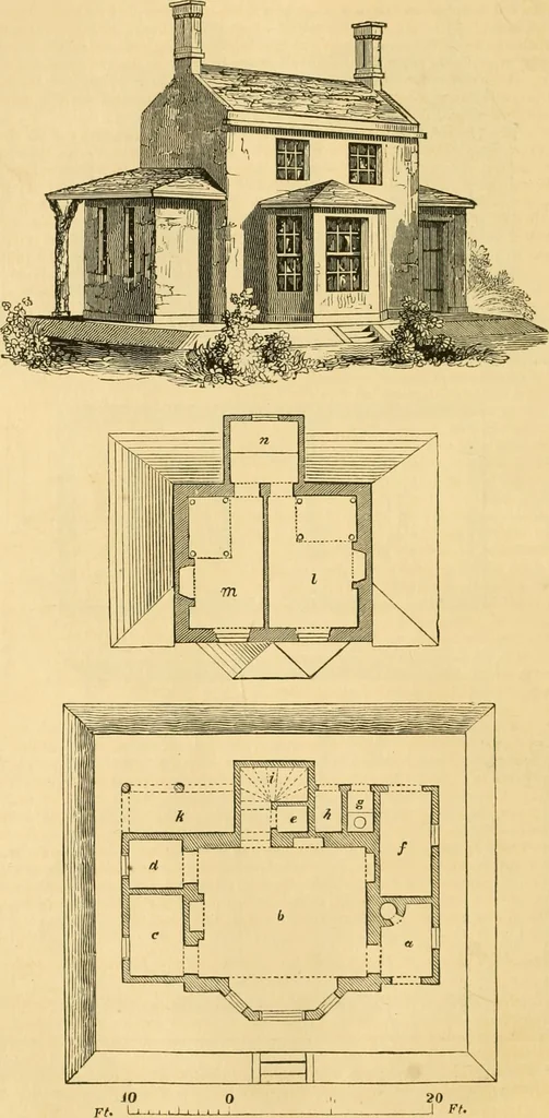 An illustration from An encyclopædia of cottage, farm, and villa architecture and furniture : containing numerous designs for dwellings from the cottage to the villa including farm houses, farmeries, and other agricultural buildings, several designs for country inns, public houses, and parochial schools, with the requisite fittings-up fixtures and furniture ; and appropriate offices, gardens and garden scenery ; each design accompanied by analytical and critical marks illustrative of the principles of archtiectural science and taste on whihc it is composed, 1836, leaf 197