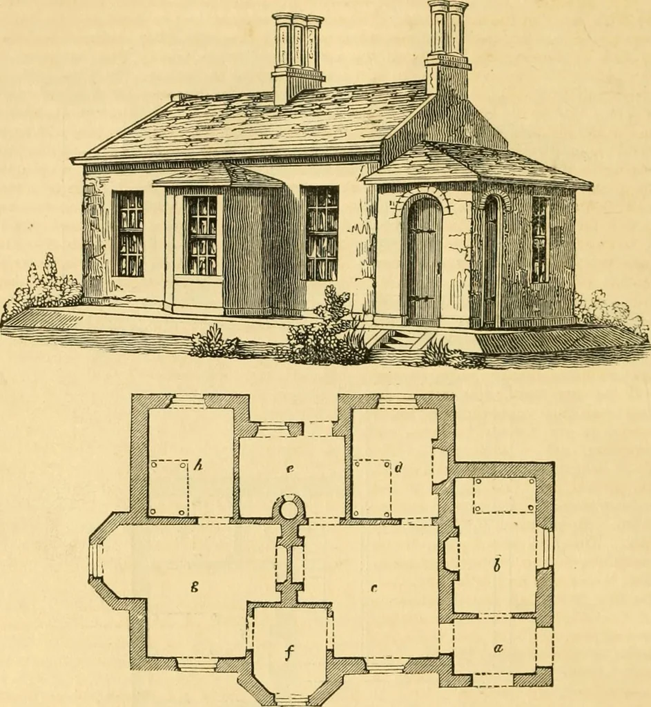 An illustration from An encyclopædia of cottage, farm, and villa architecture and furniture : containing numerous designs for dwellings from the cottage to the villa including farm houses, farmeries, and other agricultural buildings, several designs for country inns, public houses, and parochial schools, with the requisite fittings-up fixtures and furniture ; and appropriate offices, gardens and garden scenery ; each design accompanied by analytical and critical marks illustrative of the principles of archtiectural science and taste on whihc it is composed, 1836, leaf 201