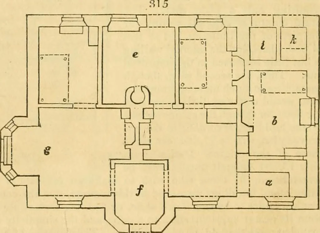 An illustration from An encyclopædia of cottage, farm, and villa architecture and furniture : containing numerous designs for dwellings from the cottage to the villa including farm houses, farmeries, and other agricultural buildings, several designs for country inns, public houses, and parochial schools, with the requisite fittings-up fixtures and furniture ; and appropriate offices, gardens and garden scenery ; each design accompanied by analytical and critical marks illustrative of the principles of archtiectural science and taste on whihc it is composed, 1836, leaf 203