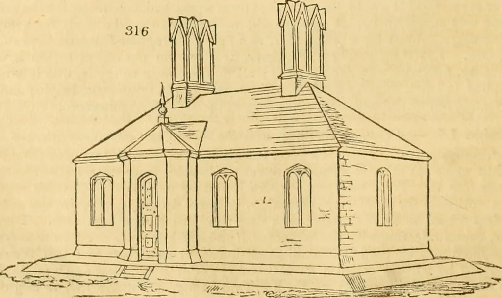 An illustration from An encyclopædia of cottage, farm, and villa architecture and furniture : containing numerous designs for dwellings from the cottage to the villa including farm houses, farmeries, and other agricultural buildings, several designs for country inns, public houses, and parochial schools, with the requisite fittings-up fixtures and furniture ; and appropriate offices, gardens and garden scenery ; each design accompanied by analytical and critical marks illustrative of the principles of archtiectural science and taste on whihc it is composed, 1836, leaf 203
