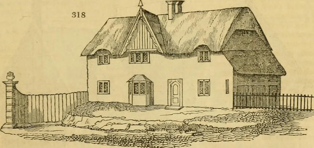 An illustration from An encyclopædia of cottage, farm, and villa architecture and furniture : containing numerous designs for dwellings from the cottage to the villa including farm houses, farmeries, and other agricultural buildings, several designs for country inns, public houses, and parochial schools, with the requisite fittings-up fixtures and furniture ; and appropriate offices, gardens and garden scenery ; each design accompanied by analytical and critical marks illustrative of the principles of archtiectural science and taste on whihc it is composed, 1836, leaf 204