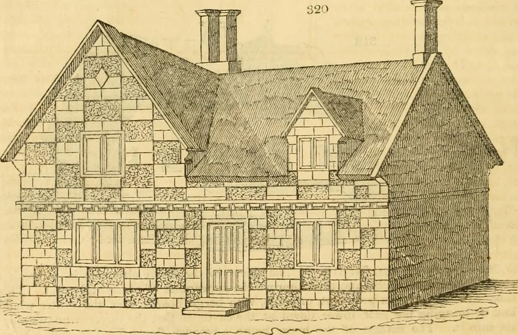 An illustration from An encyclopædia of cottage, farm, and villa architecture and furniture : containing numerous designs for dwellings from the cottage to the villa including farm houses, farmeries, and other agricultural buildings, several designs for country inns, public houses, and parochial schools, with the requisite fittings-up fixtures and furniture ; and appropriate offices, gardens and garden scenery ; each design accompanied by analytical and critical marks illustrative of the principles of archtiectural science and taste on whihc it is composed, 1836, leaf 205