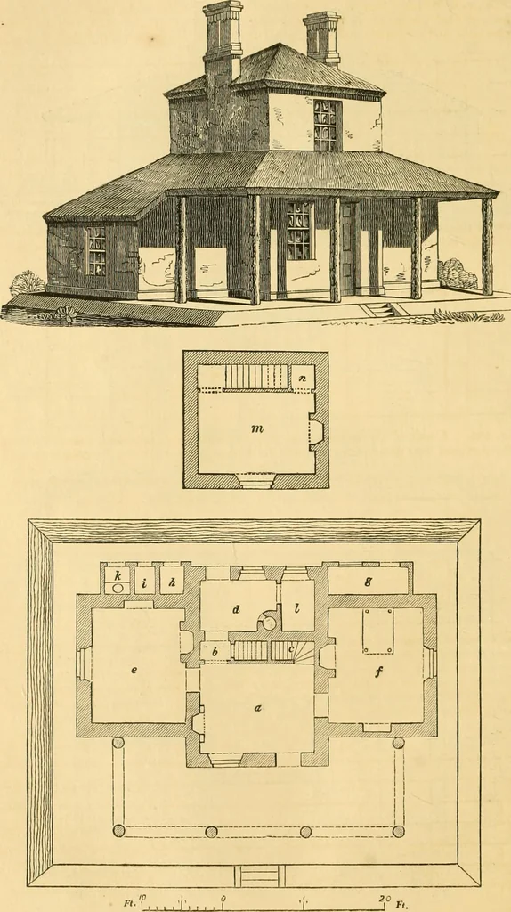 An illustration from An encyclopædia of cottage, farm, and villa architecture and furniture : containing numerous designs for dwellings from the cottage to the villa including farm houses, farmeries, and other agricultural buildings, several designs for country inns, public houses, and parochial schools, with the requisite fittings-up fixtures and furniture ; and appropriate offices, gardens and garden scenery ; each design accompanied by analytical and critical marks illustrative of the principles of archtiectural science and taste on whihc it is composed, 1836, leaf 211