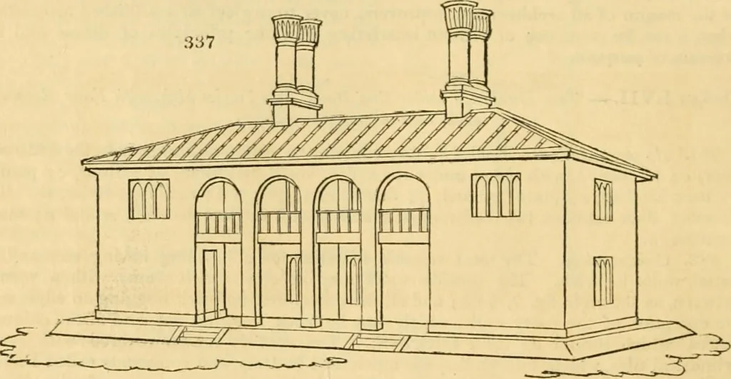 An illustration from An encyclopædia of cottage, farm, and villa architecture and furniture : containing numerous designs for dwellings from the cottage to the villa including farm houses, farmeries, and other agricultural buildings, several designs for country inns, public houses, and parochial schools, with the requisite fittings-up fixtures and furniture ; and appropriate offices, gardens and garden scenery ; each design accompanied by analytical and critical marks illustrative of the principles of archtiectural science and taste on whihc it is composed, 1836, leaf 215