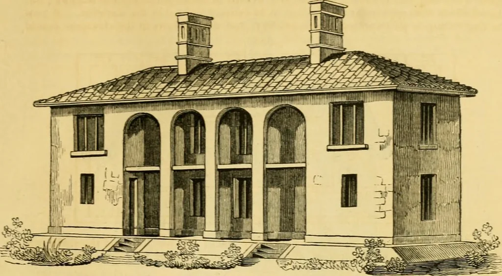 An illustration from An encyclopædia of cottage, farm, and villa architecture and furniture : containing numerous designs for dwellings from the cottage to the villa including farm houses, farmeries, and other agricultural buildings, several designs for country inns, public houses, and parochial schools, with the requisite fittings-up fixtures and furniture ; and appropriate offices, gardens and garden scenery ; each design accompanied by analytical and critical marks illustrative of the principles of archtiectural science and taste on whihc it is composed, 1836, leaf 216