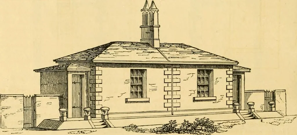 An illustration from An encyclopædia of cottage, farm, and villa architecture and furniture : containing numerous designs for dwellings from the cottage to the villa including farm houses, farmeries, and other agricultural buildings, several designs for country inns, public houses, and parochial schools, with the requisite fittings-up fixtures and furniture ; and appropriate offices, gardens and garden scenery ; each design accompanied by analytical and critical marks illustrative of the principles of archtiectural science and taste on whihc it is composed, 1836, leaf 217