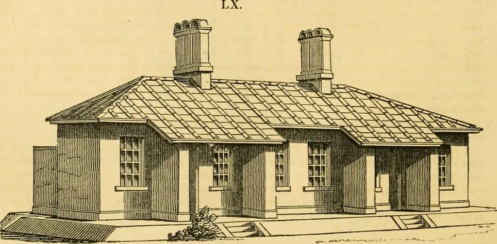 An illustration from An encyclopædia of cottage, farm, and villa architecture and furniture : containing numerous designs for dwellings from the cottage to the villa including farm houses, farmeries, and other agricultural buildings, several designs for country inns, public houses, and parochial schools, with the requisite fittings-up fixtures and furniture ; and appropriate offices, gardens and garden scenery ; each design accompanied by analytical and critical marks illustrative of the principles of archtiectural science and taste on whihc it is composed, 1836, leaf 217