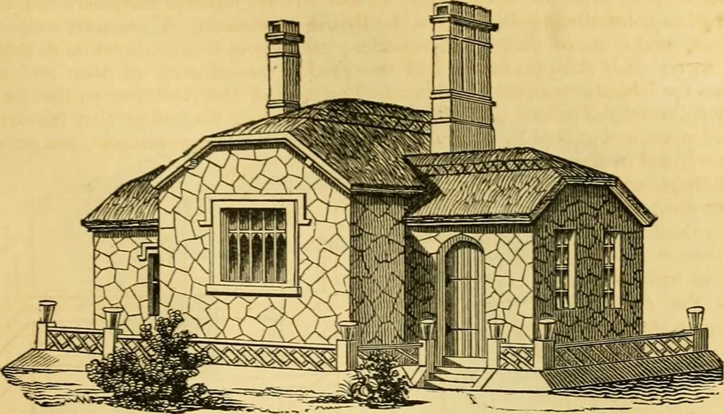 An illustration from An encyclopædia of cottage, farm, and villa architecture and furniture : containing numerous designs for dwellings from the cottage to the villa including farm houses, farmeries, and other agricultural buildings, several designs for country inns, public houses, and parochial schools, with the requisite fittings-up fixtures and furniture ; and appropriate offices, gardens and garden scenery ; each design accompanied by analytical and critical marks illustrative of the principles of archtiectural science and taste on whihc it is composed, 1836, leaf 222