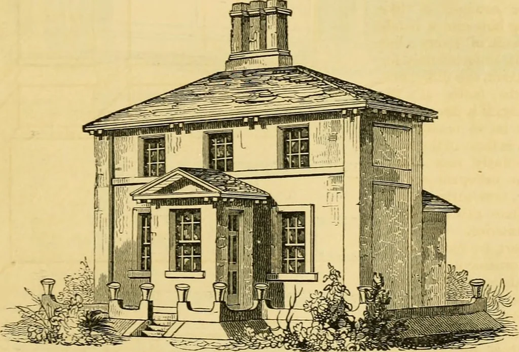 An illustration from An encyclopædia of cottage, farm, and villa architecture and furniture : containing numerous designs for dwellings from the cottage to the villa including farm houses, farmeries, and other agricultural buildings, several designs for country inns, public houses, and parochial schools, with the requisite fittings-up fixtures and furniture ; and appropriate offices, gardens and garden scenery ; each design accompanied by analytical and critical marks illustrative of the principles of archtiectural science and taste on whihc it is composed, 1836, leaf 222