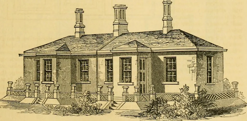 An illustration from An encyclopædia of cottage, farm, and villa architecture and furniture : containing numerous designs for dwellings from the cottage to the villa including farm houses, farmeries, and other agricultural buildings, several designs for country inns, public houses, and parochial schools, with the requisite fittings-up fixtures and furniture ; and appropriate offices, gardens and garden scenery ; each design accompanied by analytical and critical marks illustrative of the principles of archtiectural science and taste on whihc it is composed, 1836, leaf 222
