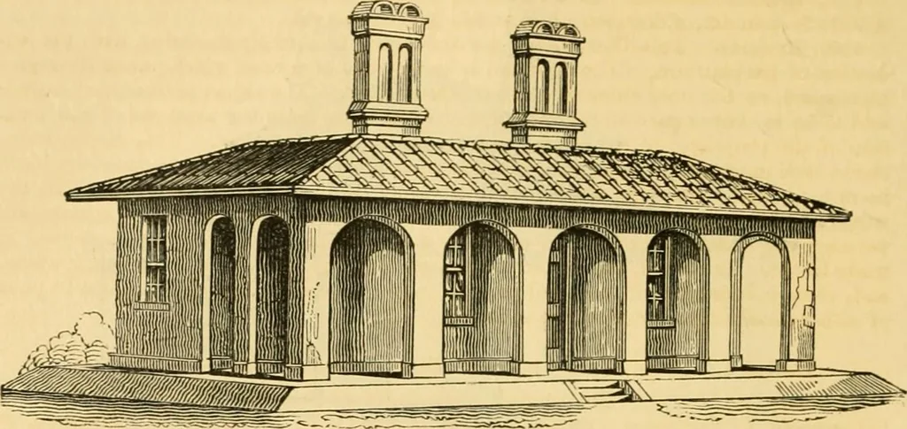 An illustration from An encyclopædia of cottage, farm, and villa architecture and furniture : containing numerous designs for dwellings from the cottage to the villa including farm houses, farmeries, and other agricultural buildings, several designs for country inns, public houses, and parochial schools, with the requisite fittings-up fixtures and furniture ; and appropriate offices, gardens and garden scenery ; each design accompanied by analytical and critical marks illustrative of the principles of archtiectural science and taste on whihc it is composed, 1836, leaf 227