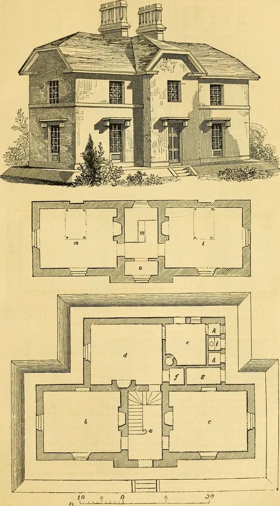 An illustration from An encyclopædia of cottage, farm, and villa architecture and furniture : containing numerous designs for dwellings from the cottage to the villa including farm houses, farmeries, and other agricultural buildings, several designs for country inns, public houses, and parochial schools, with the requisite fittings-up fixtures and furniture ; and appropriate offices, gardens and garden scenery ; each design accompanied by analytical and critical marks illustrative of the principles of archtiectural science and taste on whihc it is composed, 1836, leaf 232