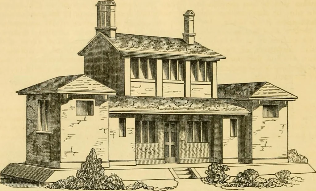 An illustration from An encyclopædia of cottage, farm, and villa architecture and furniture : containing numerous designs for dwellings from the cottage to the villa including farm houses, farmeries, and other agricultural buildings, several designs for country inns, public houses, and parochial schools, with the requisite fittings-up fixtures and furniture ; and appropriate offices, gardens and garden scenery ; each design accompanied by analytical and critical marks illustrative of the principles of archtiectural science and taste on whihc it is composed, 1836, leaf 233
