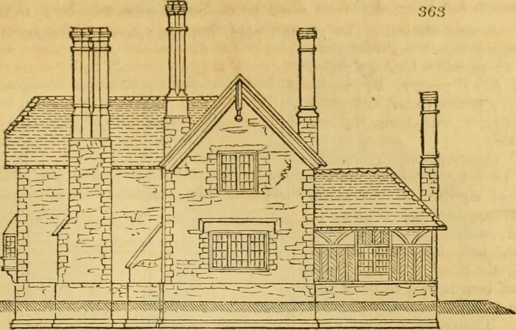 An illustration from An encyclopædia of cottage, farm, and villa architecture and furniture : containing numerous designs for dwellings from the cottage to the villa including farm houses, farmeries, and other agricultural buildings, several designs for country inns, public houses, and parochial schools, with the requisite fittings-up fixtures and furniture ; and appropriate offices, gardens and garden scenery ; each design accompanied by analytical and critical marks illustrative of the principles of archtiectural science and taste on whihc it is composed, 1836, leaf 236