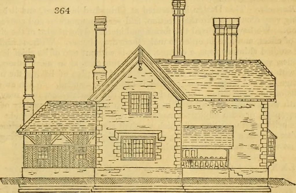 An illustration from An encyclopædia of cottage, farm, and villa architecture and furniture : containing numerous designs for dwellings from the cottage to the villa including farm houses, farmeries, and other agricultural buildings, several designs for country inns, public houses, and parochial schools, with the requisite fittings-up fixtures and furniture ; and appropriate offices, gardens and garden scenery ; each design accompanied by analytical and critical marks illustrative of the principles of archtiectural science and taste on whihc it is composed, 1836, leaf 236