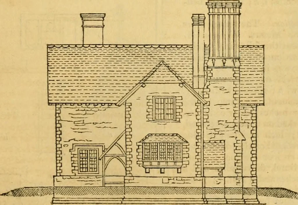 An illustration from An encyclopædia of cottage, farm, and villa architecture and furniture : containing numerous designs for dwellings from the cottage to the villa including farm houses, farmeries, and other agricultural buildings, several designs for country inns, public houses, and parochial schools, with the requisite fittings-up fixtures and furniture ; and appropriate offices, gardens and garden scenery ; each design accompanied by analytical and critical marks illustrative of the principles of archtiectural science and taste on whihc it is composed, 1836, leaf 236