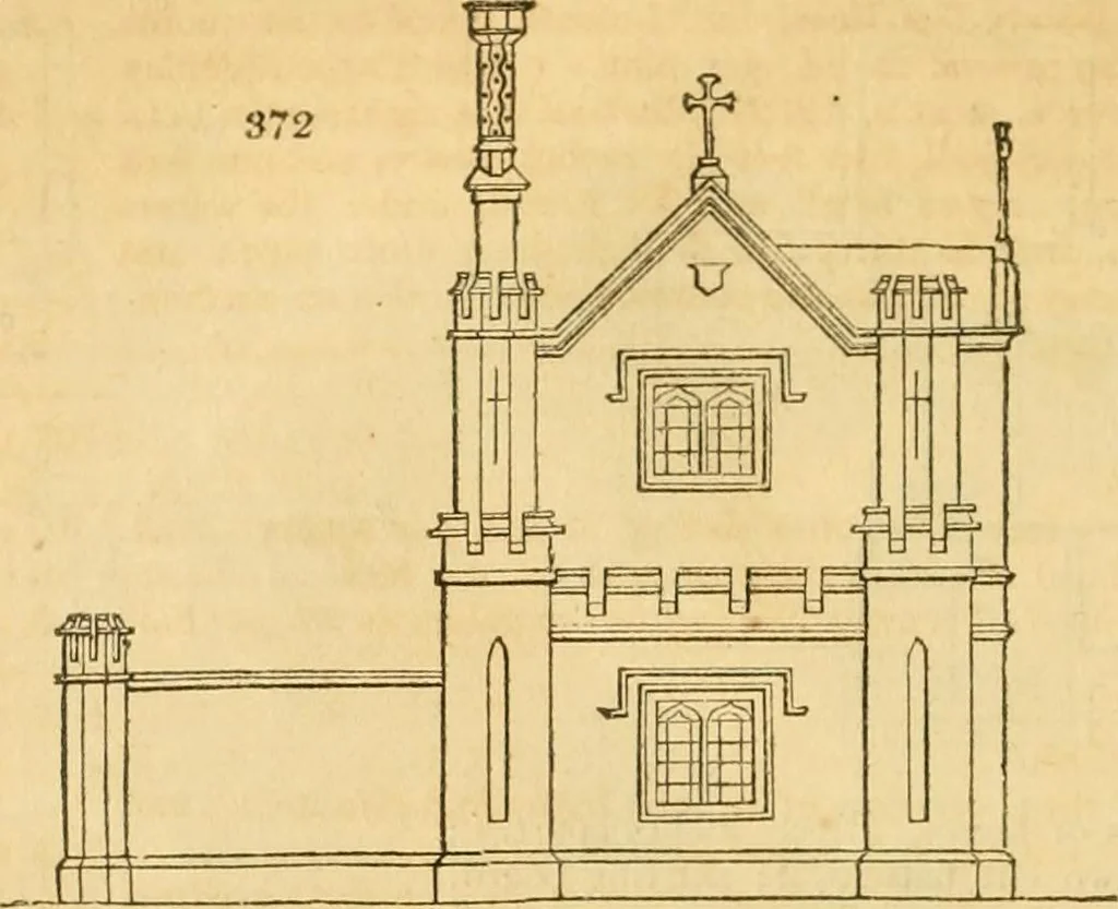 An illustration from An encyclopædia of cottage, farm, and villa architecture and furniture : containing numerous designs for dwellings from the cottage to the villa including farm houses, farmeries, and other agricultural buildings, several designs for country inns, public houses, and parochial schools, with the requisite fittings-up fixtures and furniture ; and appropriate offices, gardens and garden scenery ; each design accompanied by analytical and critical marks illustrative of the principles of archtiectural science and taste on whihc it is composed, 1836, leaf 241