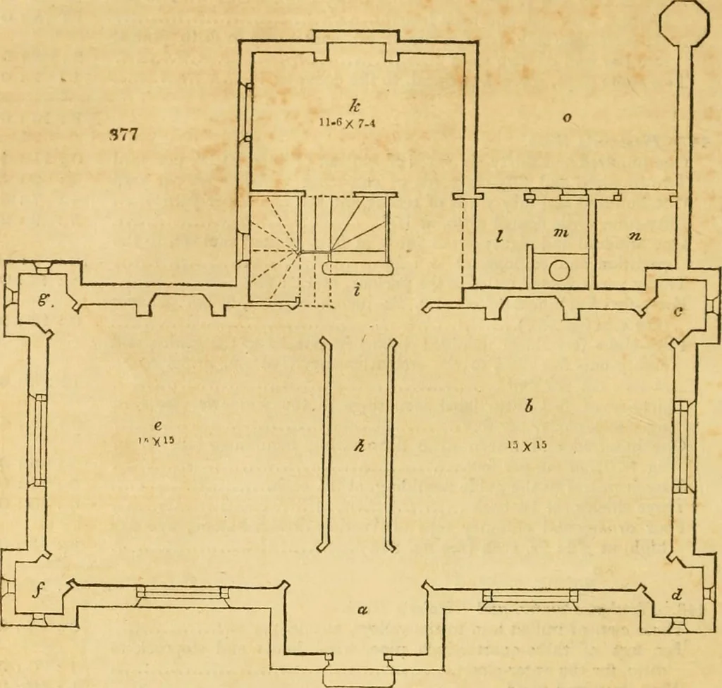 An illustration from An encyclopædia of cottage, farm, and villa architecture and furniture : containing numerous designs for dwellings from the cottage to the villa including farm houses, farmeries, and other agricultural buildings, several designs for country inns, public houses, and parochial schools, with the requisite fittings-up fixtures and furniture ; and appropriate offices, gardens and garden scenery ; each design accompanied by analytical and critical marks illustrative of the principles of archtiectural science and taste on whihc it is composed, 1836, leaf 245
