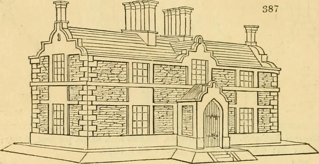 An illustration from An encyclopædia of cottage, farm, and villa architecture and furniture : containing numerous designs for dwellings from the cottage to the villa including farm houses, farmeries, and other agricultural buildings, several designs for country inns, public houses, and parochial schools, with the requisite fittings-up fixtures and furniture ; and appropriate offices, gardens and garden scenery ; each design accompanied by analytical and critical marks illustrative of the principles of archtiectural science and taste on whihc it is composed, 1836, leaf 247