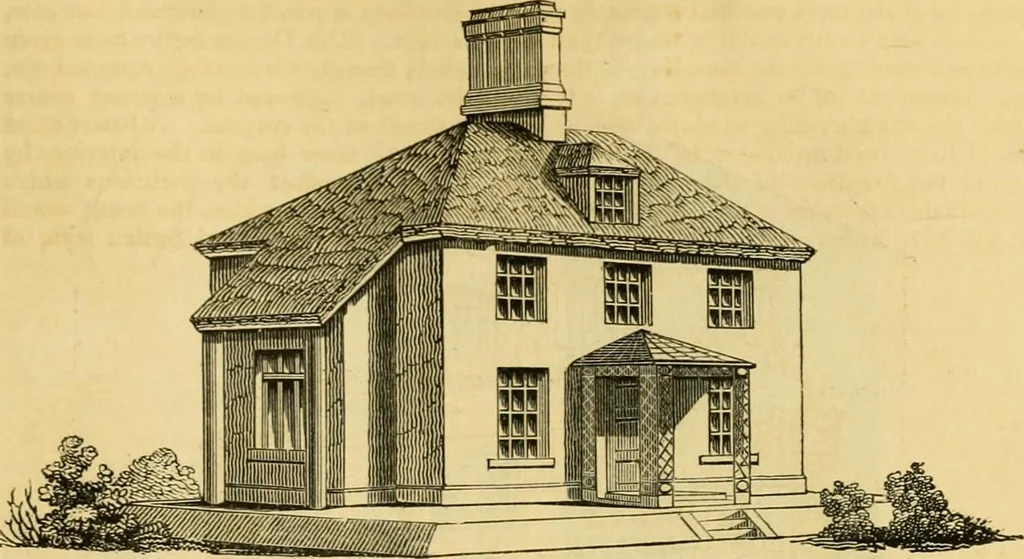 An illustration from An encyclopædia of cottage, farm, and villa architecture and furniture : containing numerous designs for dwellings from the cottage to the villa including farm houses, farmeries, and other agricultural buildings, several designs for country inns, public houses, and parochial schools, with the requisite fittings-up fixtures and furniture ; and appropriate offices, gardens and garden scenery ; each design accompanied by analytical and critical marks illustrative of the principles of archtiectural science and taste on whihc it is composed, 1836, leaf 248