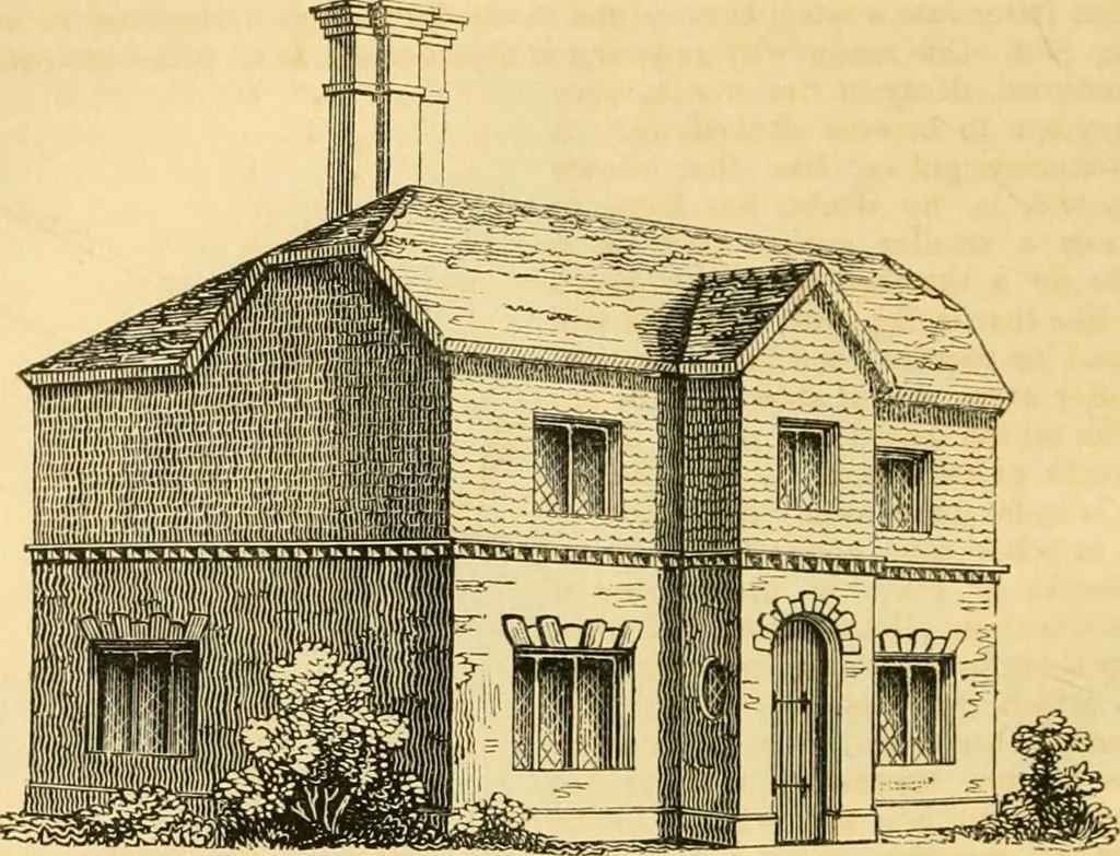 An illustration from An encyclopædia of cottage, farm, and villa architecture and furniture : containing numerous designs for dwellings from the cottage to the villa including farm houses, farmeries, and other agricultural buildings, several designs for country inns, public houses, and parochial schools, with the requisite fittings-up fixtures and furniture ; and appropriate offices, gardens and garden scenery ; each design accompanied by analytical and critical marks illustrative of the principles of archtiectural science and taste on whihc it is composed, 1836, leaf 249