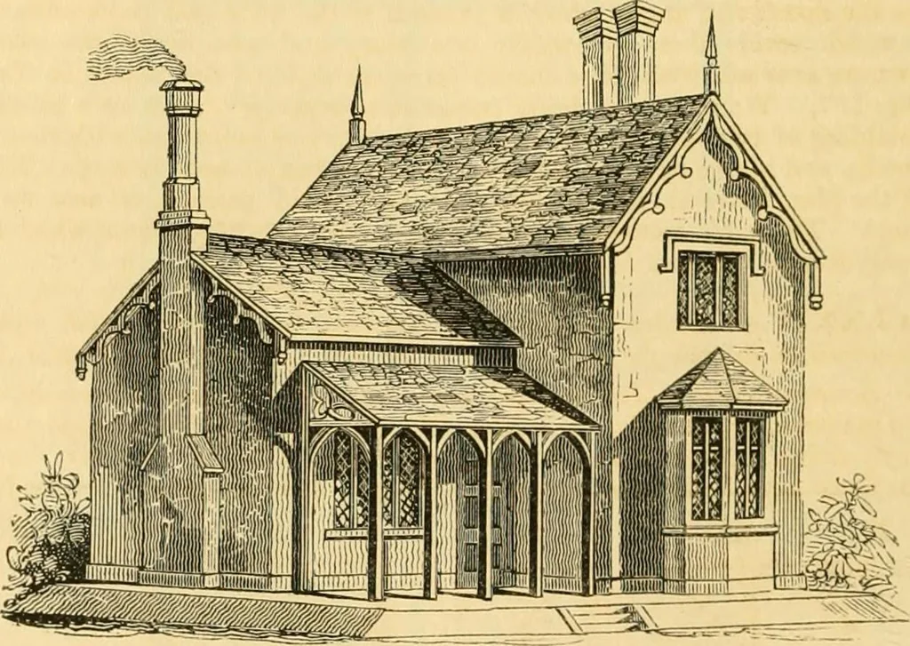An illustration from An encyclopædia of cottage, farm, and villa architecture and furniture : containing numerous designs for dwellings from the cottage to the villa including farm houses, farmeries, and other agricultural buildings, several designs for country inns, public houses, and parochial schools, with the requisite fittings-up fixtures and furniture ; and appropriate offices, gardens and garden scenery ; each design accompanied by analytical and critical marks illustrative of the principles of archtiectural science and taste on whihc it is composed, 1836, leaf 249