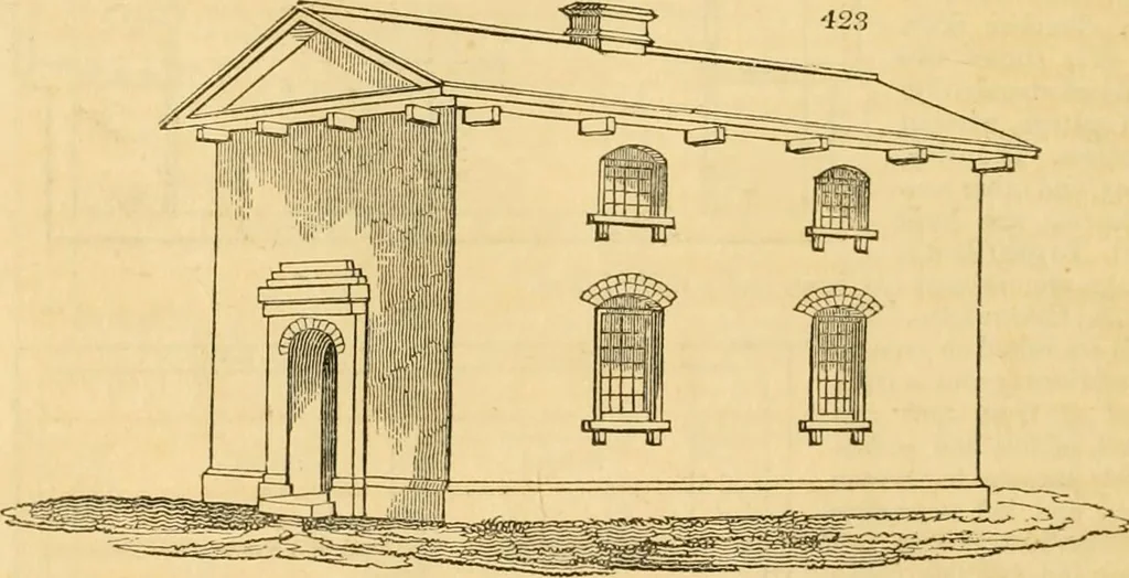 An illustration from An encyclopædia of cottage, farm, and villa architecture and furniture : containing numerous designs for dwellings from the cottage to the villa including farm houses, farmeries, and other agricultural buildings, several designs for country inns, public houses, and parochial schools, with the requisite fittings-up fixtures and furniture ; and appropriate offices, gardens and garden scenery ; each design accompanied by analytical and critical marks illustrative of the principles of archtiectural science and taste on whihc it is composed, 1836, leaf 261