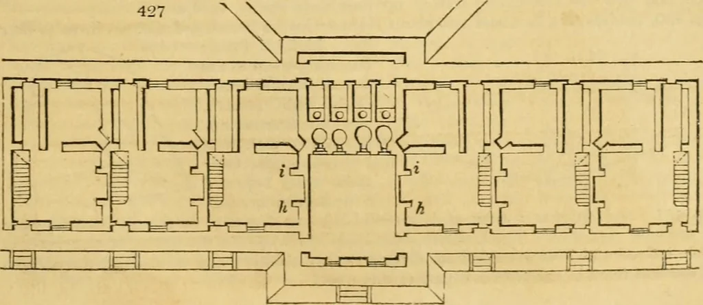 An illustration from An encyclopædia of cottage, farm, and villa architecture and furniture : containing numerous designs for dwellings from the cottage to the villa including farm houses, farmeries, and other agricultural buildings, several designs for country inns, public houses, and parochial schools, with the requisite fittings-up fixtures and furniture ; and appropriate offices, gardens and garden scenery ; each design accompanied by analytical and critical marks illustrative of the principles of archtiectural science and taste on whihc it is composed, 1836, leaf 262