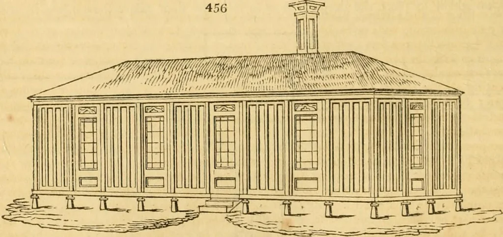 An illustration from An encyclopædia of cottage, farm, and villa architecture and furniture : containing numerous designs for dwellings from the cottage to the villa including farm houses, farmeries, and other agricultural buildings, several designs for country inns, public houses, and parochial schools, with the requisite fittings-up fixtures and furniture ; and appropriate offices, gardens and garden scenery ; each design accompanied by analytical and critical marks illustrative of the principles of archtiectural science and taste on whihc it is composed, 1836, leaf 279