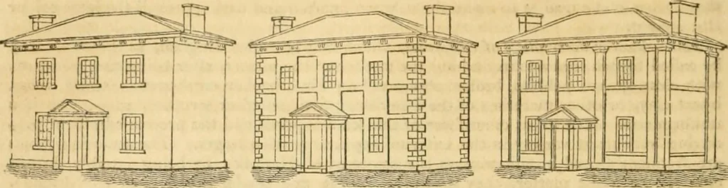 An illustration from An encyclopædia of cottage, farm, and villa architecture and furniture : containing numerous designs for dwellings from the cottage to the villa including farm houses, farmeries, and other agricultural buildings, several designs for country inns, public houses, and parochial schools, with the requisite fittings-up fixtures and furniture ; and appropriate offices, gardens and garden scenery ; each design accompanied by analytical and critical marks illustrative of the principles of archtiectural science and taste on whihc it is composed, 1836, leaf 285