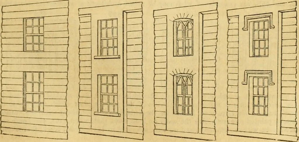 An illustration from An encyclopædia of cottage, farm, and villa architecture and furniture : containing numerous designs for dwellings from the cottage to the villa including farm houses, farmeries, and other agricultural buildings, several designs for country inns, public houses, and parochial schools, with the requisite fittings-up fixtures and furniture ; and appropriate offices, gardens and garden scenery ; each design accompanied by analytical and critical marks illustrative of the principles of archtiectural science and taste on whihc it is composed, 1836, leaf 290