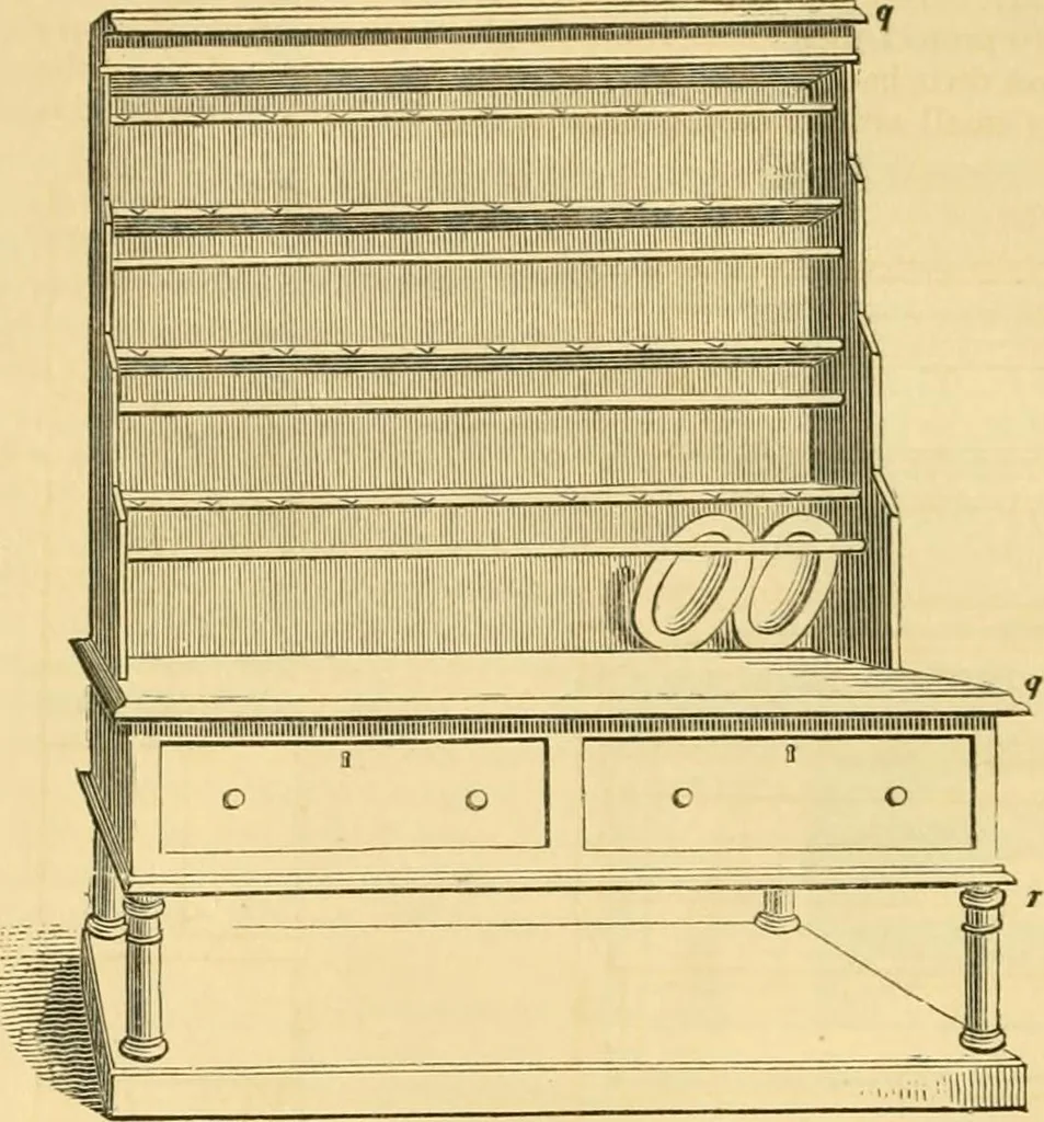 An illustration from An encyclopædia of cottage, farm, and villa architecture and furniture : containing numerous designs for dwellings from the cottage to the villa including farm houses, farmeries, and other agricultural buildings, several designs for country inns, public houses, and parochial schools, with the requisite fittings-up fixtures and furniture ; and appropriate offices, gardens and garden scenery ; each design accompanied by analytical and critical marks illustrative of the principles of archtiectural science and taste on whihc it is composed, 1836, leaf 319
